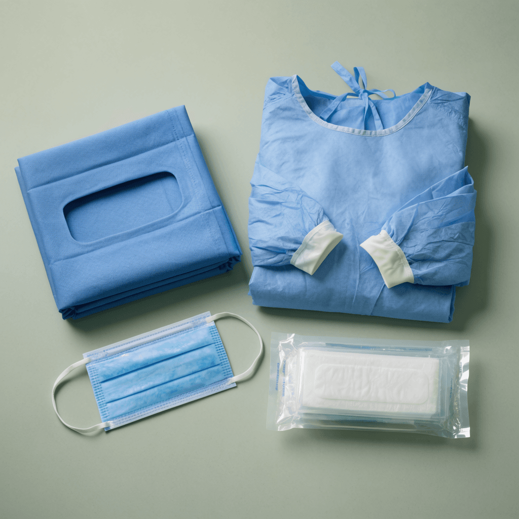 Surgical drapes, gowns and face masks