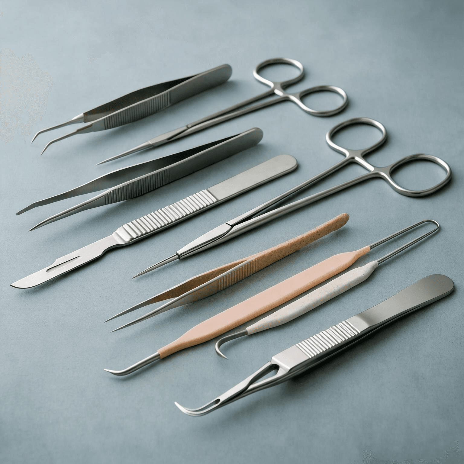 Surgical instruments on a pale blue background