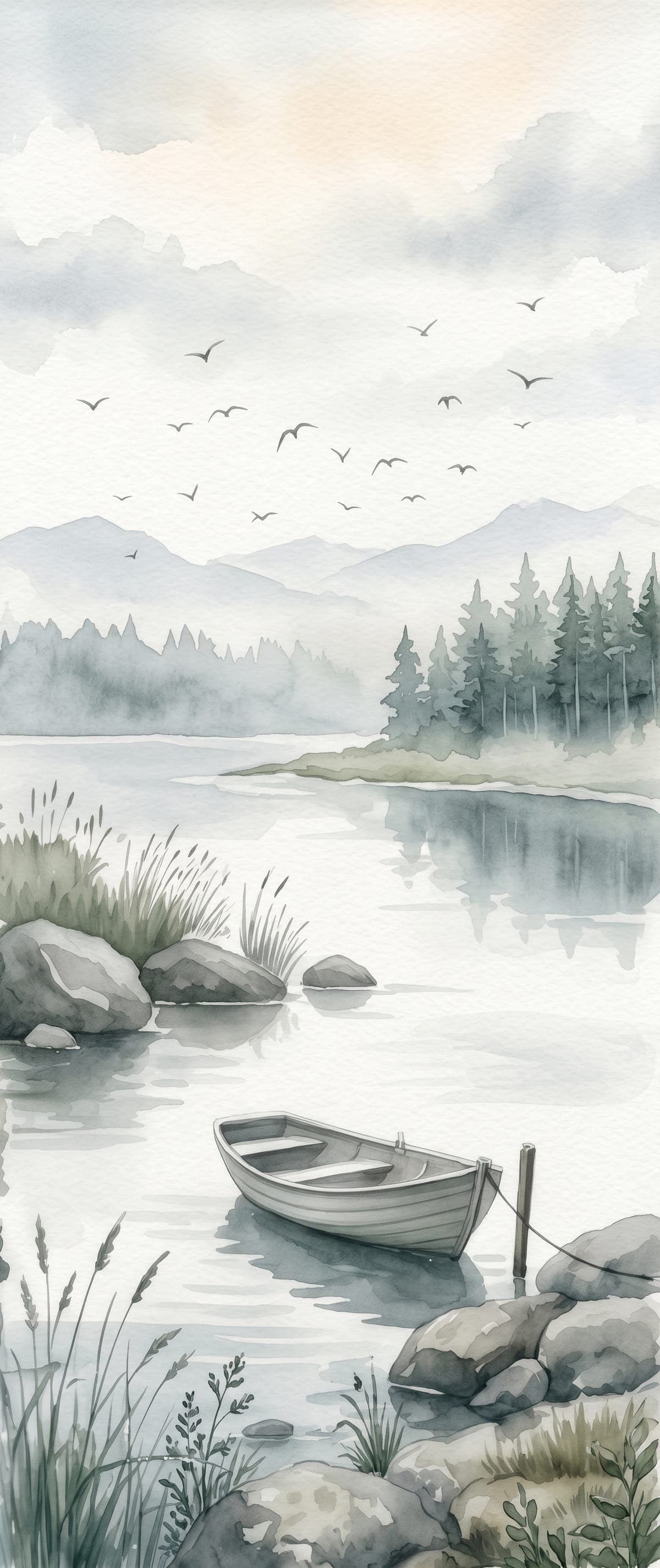 Watercolour of a rowing boat moored at a calm Nordic lakeshore.