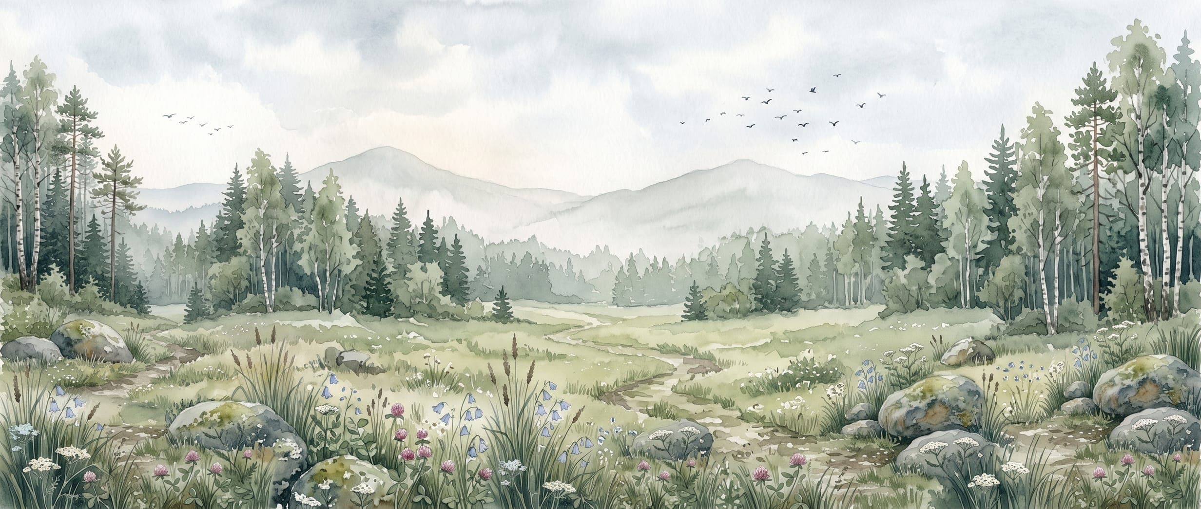 Watercolor of an open summer meadow